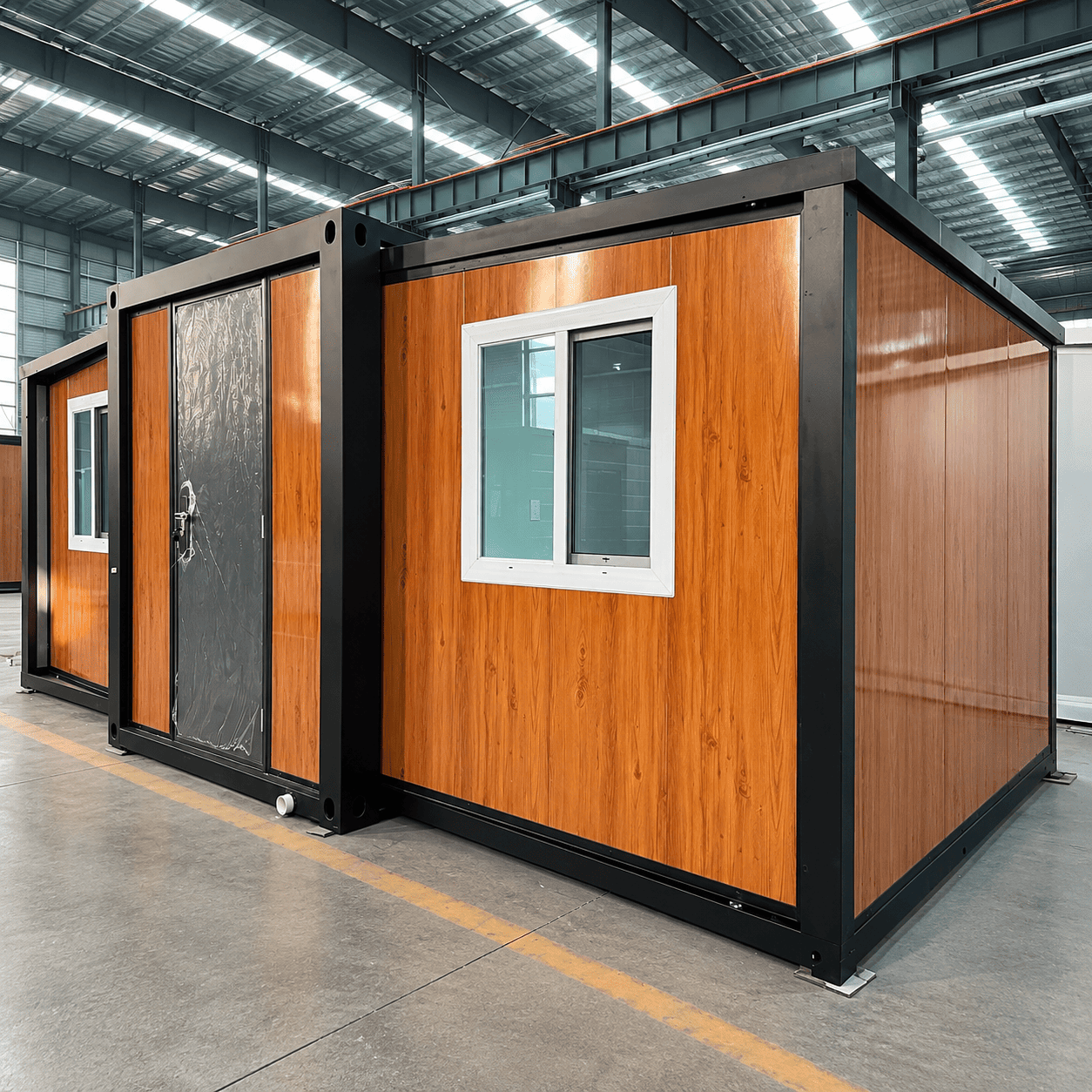 Casa Box Casa de cont&ecirc;iner expans&iacute;vel de 10 p&eacute;s | Pr&eacute;-fabricado r&uacute;stico moderno com painel de madeira com moldura preta