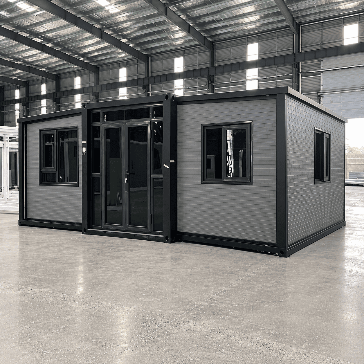 Casa Box 15 p&eacute;s cont&ecirc;iner expans&iacute;vel com painel curvo de metal cinza