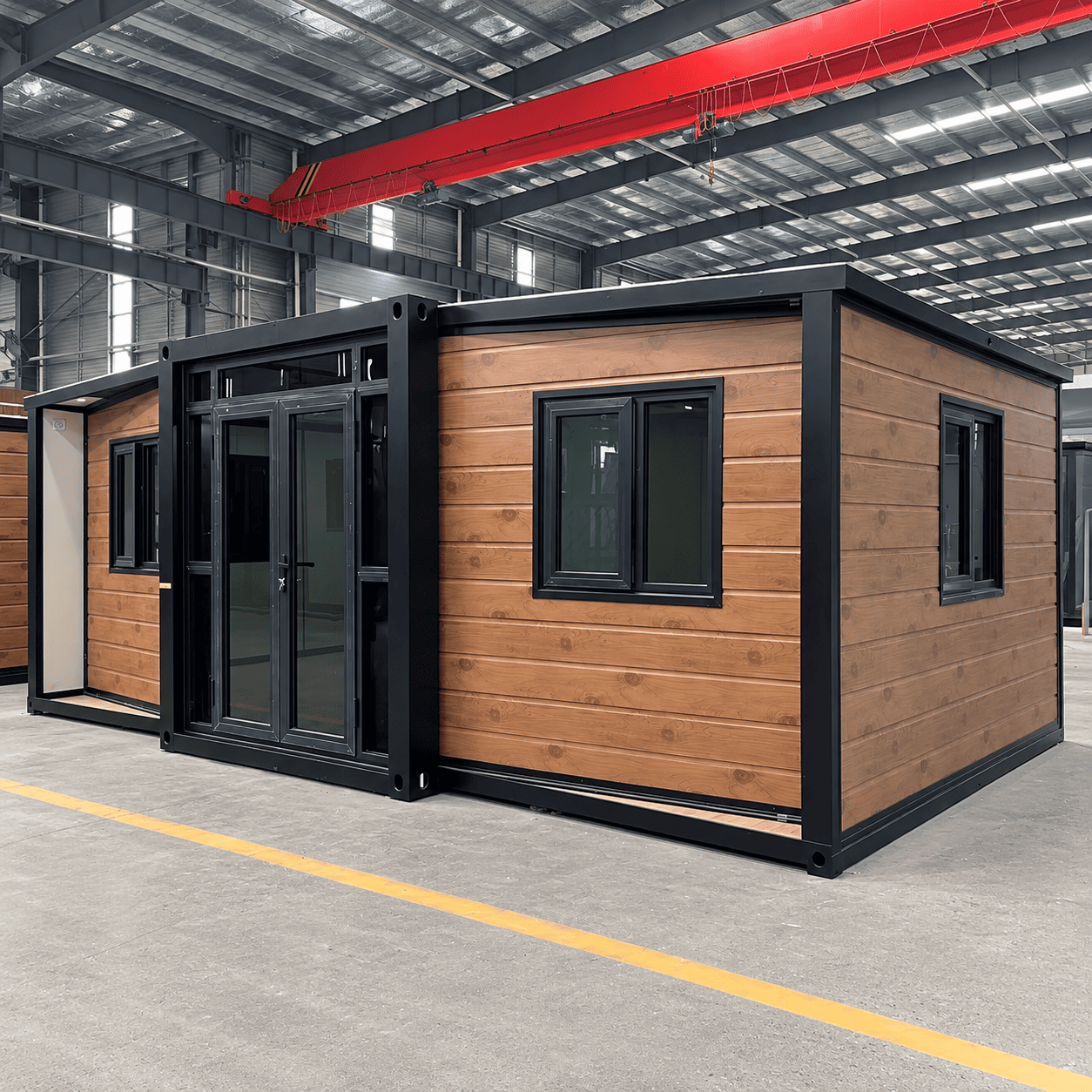 Casa Box Casa de cont&ecirc;iner expans&iacute;vel de 15 p&eacute;s | Pr&eacute;-fabricado de gr&atilde;os de madeira com moldura preta