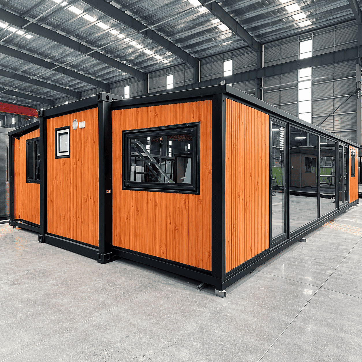 Casa Box Casa de cont&ecirc;iner expans&iacute;vel de 40 p&eacute;s | Pr&eacute;-fabricado arquitet&ocirc;nico de alta qualidade com exterior de madeira canelada vertical
