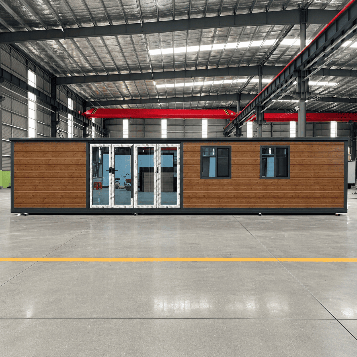 Casa Box Casa de cont&ecirc;iner expans&iacute;vel de 40 p&eacute;s | Tapume de madeira e grandes portas de vidro